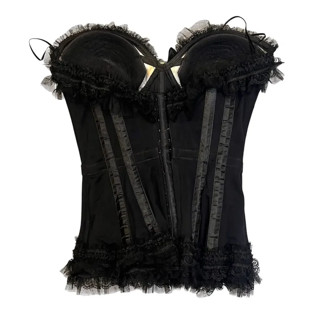 Vintage Trashy Lingerie Black Gothic Bustier Satin Bow Lace Corset Made in USA - Picture 10 of 15